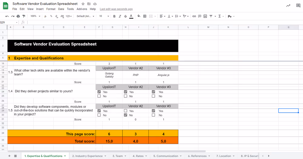 Fragment of Software Vendor Evaluation Template