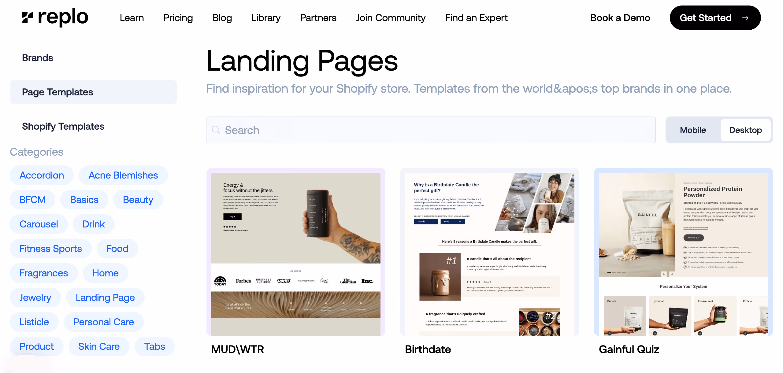 Replo's landing page template library