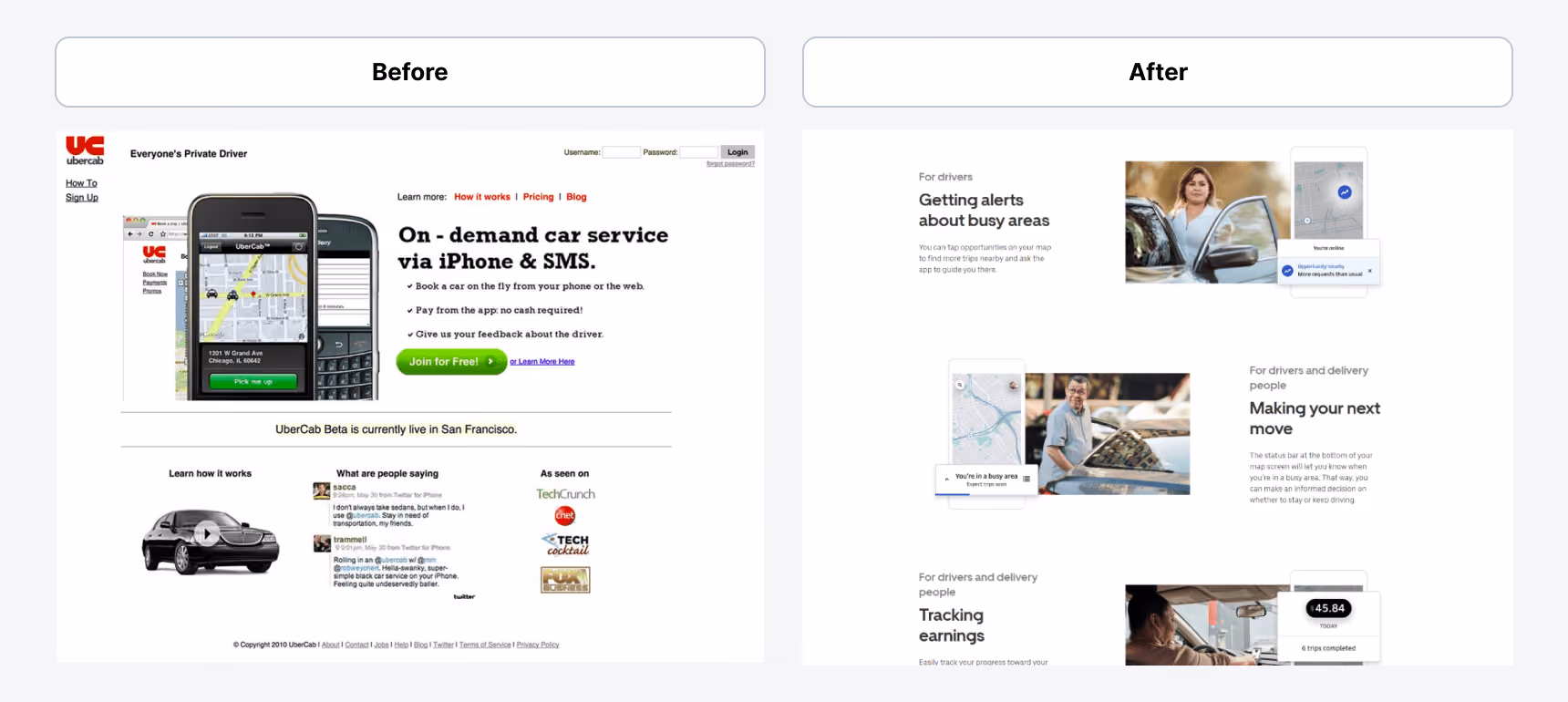 UberCab's MVP interface then and now