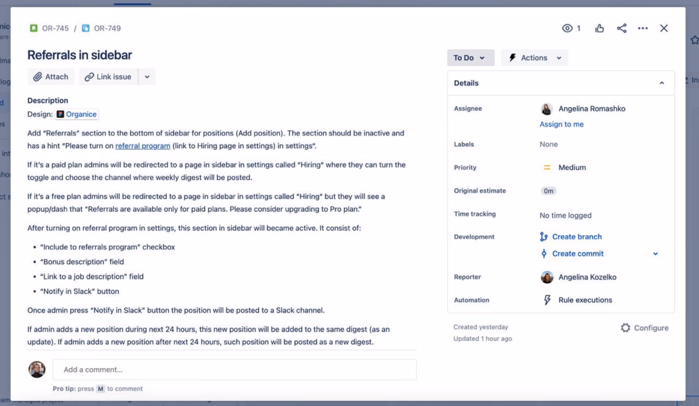 User story map example OrgaNice