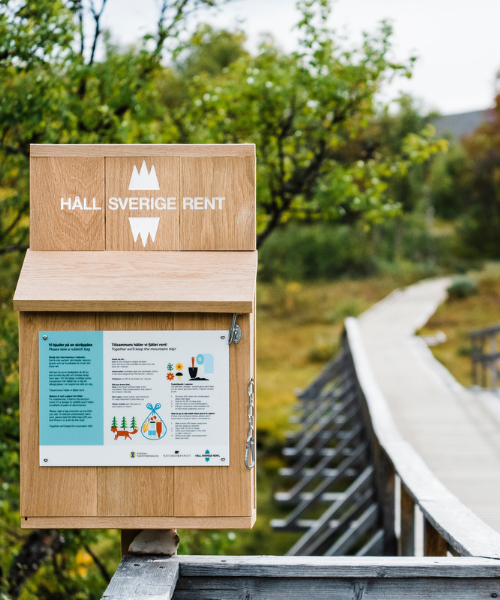 Träskylt med texten 'Håll Sverige Rent' och informationsskylt, placerad vid en träspång i en grönskande naturmiljö.