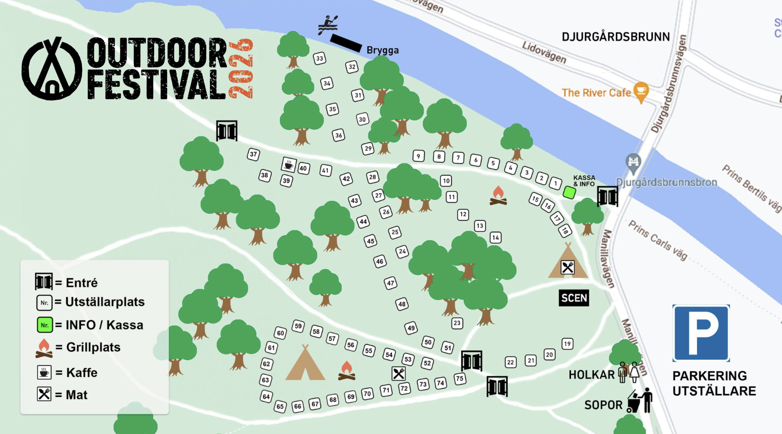 Karta över utomhusfestivalen med numrerade stånd, träd och bekvämligheter tydligt markerade nu.