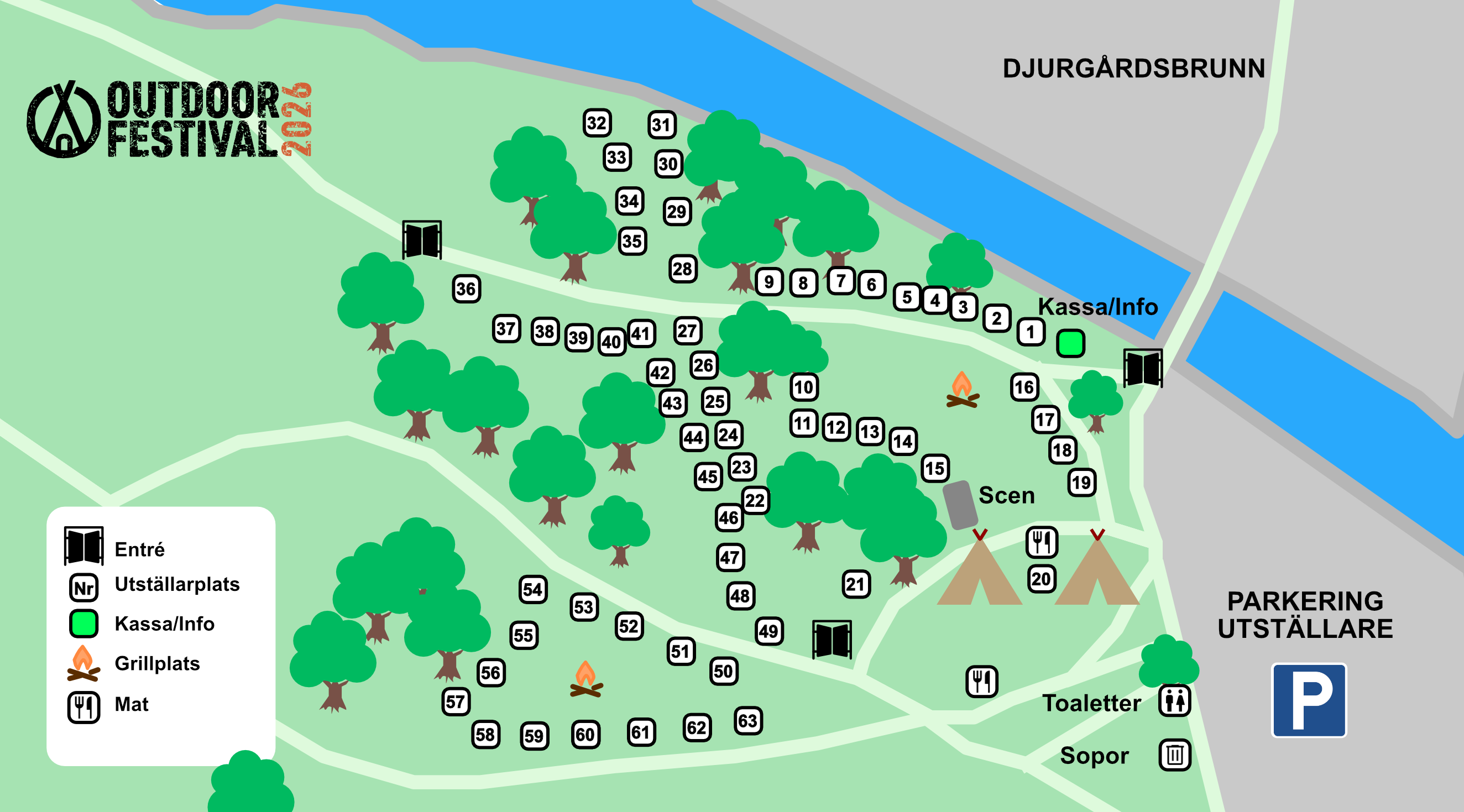Karta över Outdoor Festival 2026 med numrerade utställarplatser, entréer, kassa/info, grillplatser, matställen, scen, toaletter och sopstation på ett grönområde intill vattnet Djurgårdsbrunn.