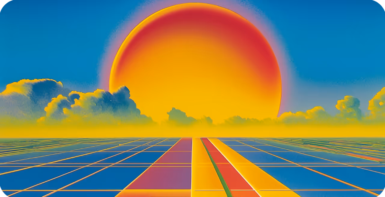 An 80's stylized rising sun over a grid converging on the horizon
