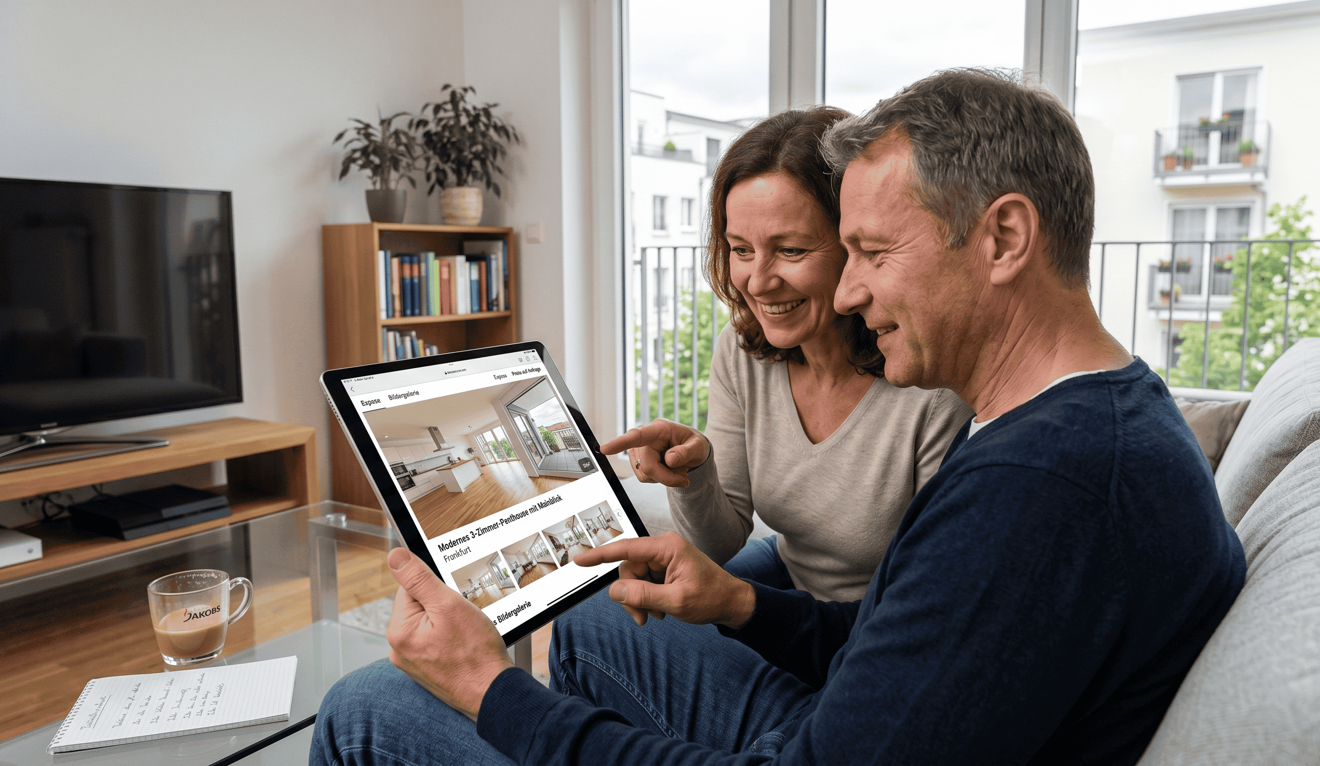 Foto einer Person, die mit einem Smartphone eine moderne Küche fotografiert, begleitet von dem Text „Machen Sie Fotos von Ihrem Grundstück