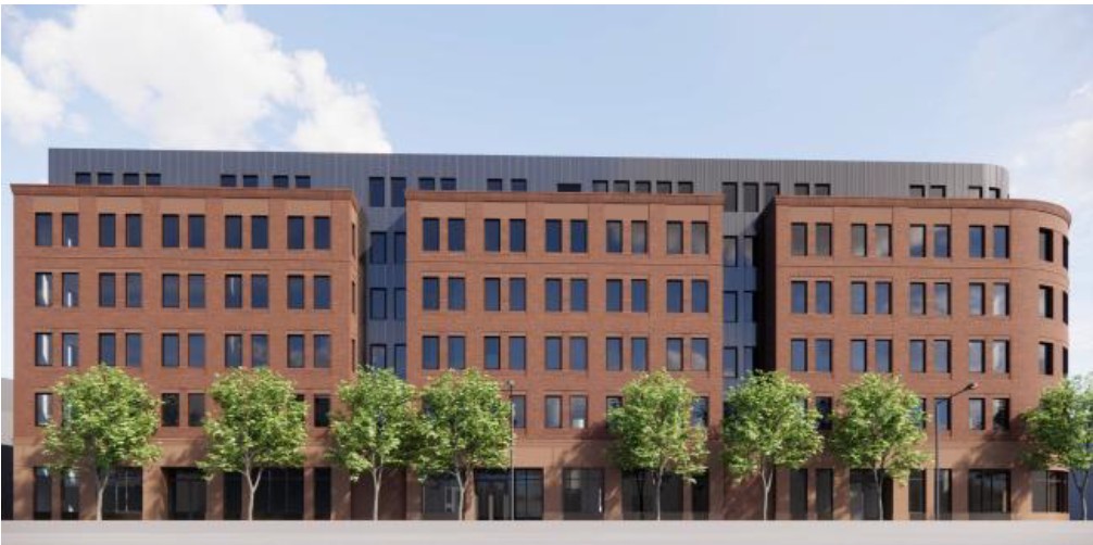 Rendering of a six story building with landscaped trees in the foreground