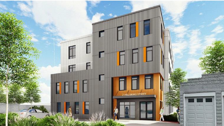 A rendering of a building and a garage in landscaping; the building has a sign that reads 2 Hillsboro Street