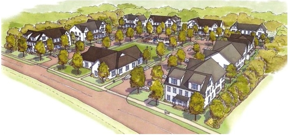 A rendering of a housing community interspersed with trees