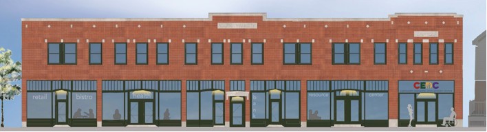 A rendering of an adaptive reuse of a historic brick building