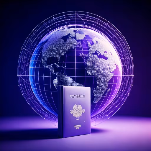 A futuristic globe floating on a purple background with a passport standing tall in front representing the ease of residing as an expat in Panama and obtaining residency