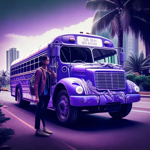 A digital nomad with a laptop and backpack preparing to board a colorful Diablo Rojo bus in Panama, symbolizing remote work freedom and cultural immersion