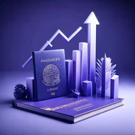 3D render of a passport and residence card with a rising bar chart, symbolizing Panama residency trends and opportunities