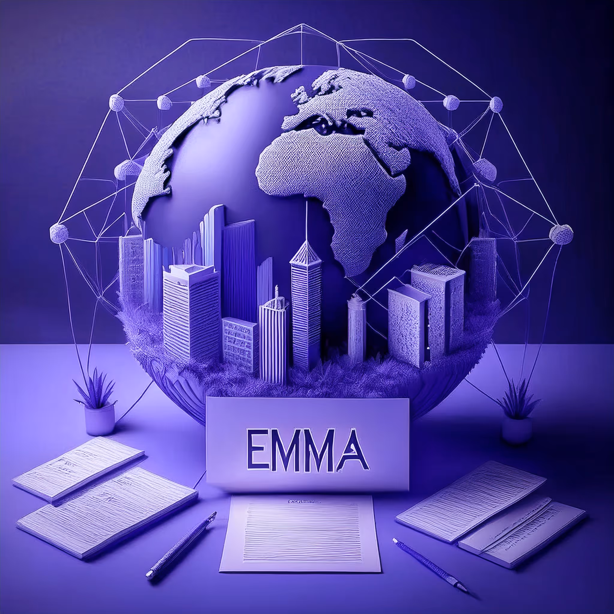 3D illustration of a globe connected to office buildings with an EMMA document, symbolizing multinational business opportunities in Panama