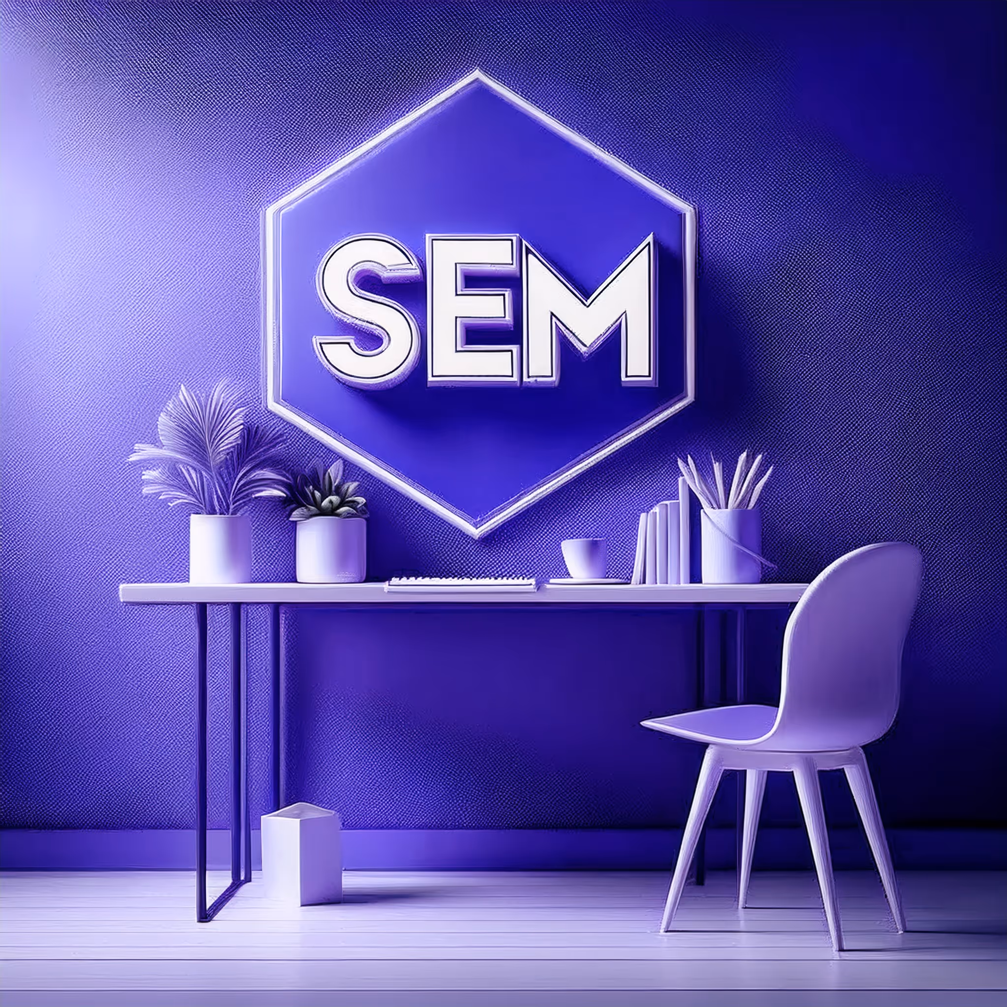 3D rendering of a desk with business supplies and a company icon on the wall above that says “SEM”, representing permanent residency for SEM foreign workers in Panama.