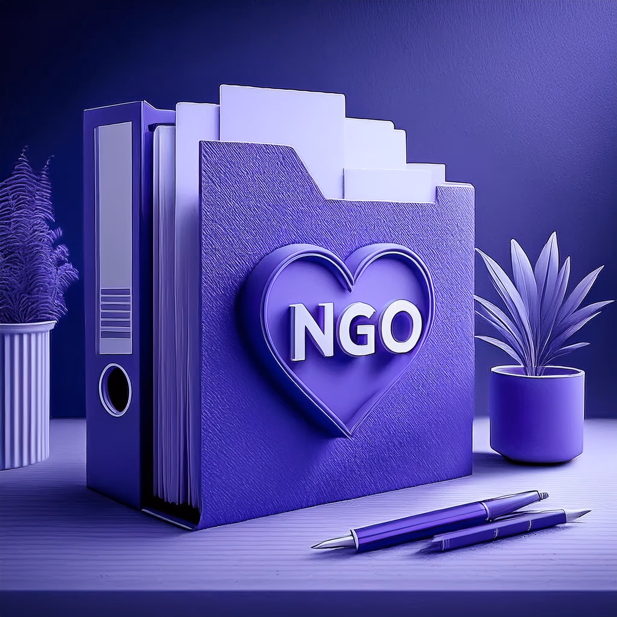 3D render of a heart icon and NGO folder on a desk, representing the process of establishing a nonprofit in Panama.
