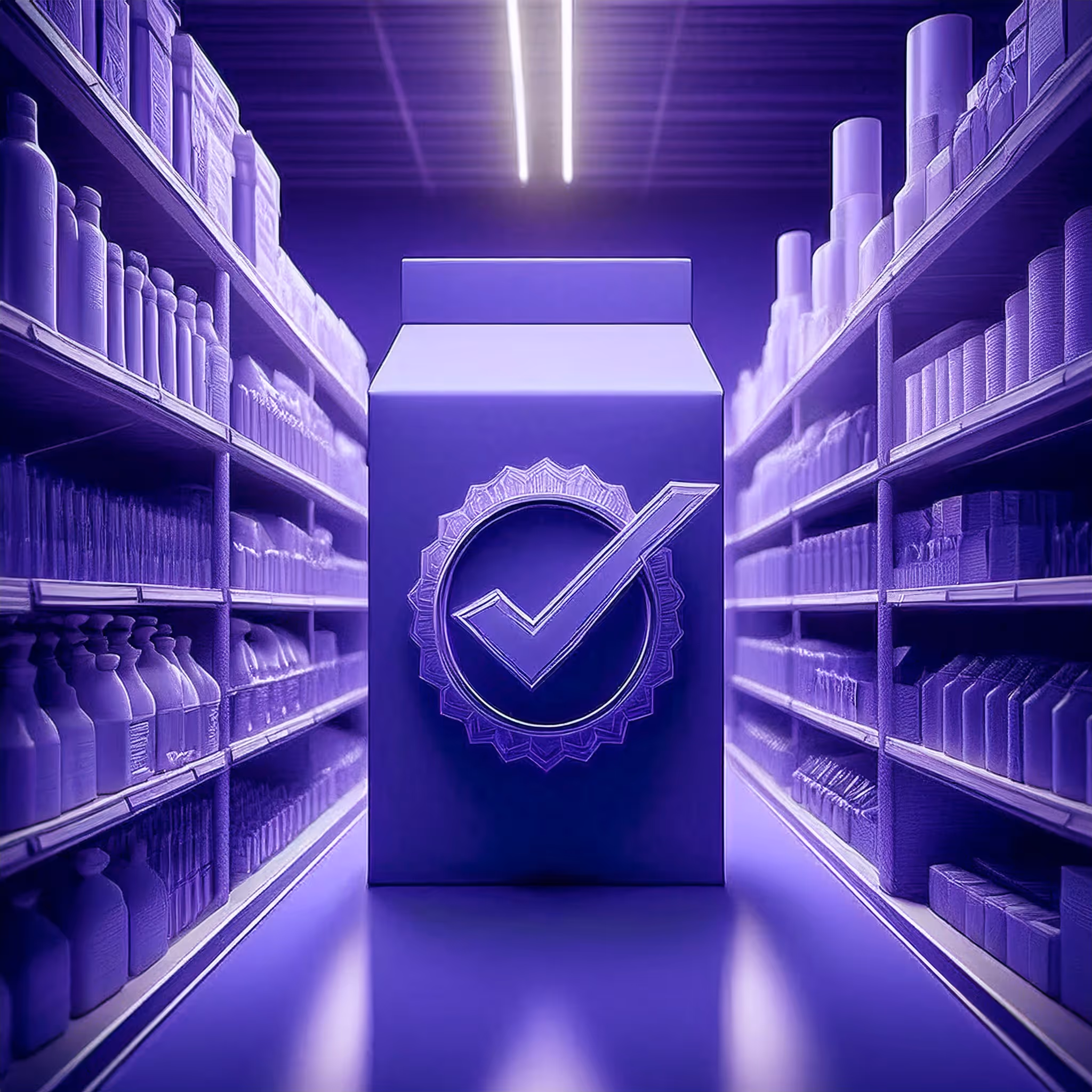3D render of a healthy seal badge on product packaging, in the center of a retail store aisle, representing the Sello Panamá Saludable plan for businesses.
