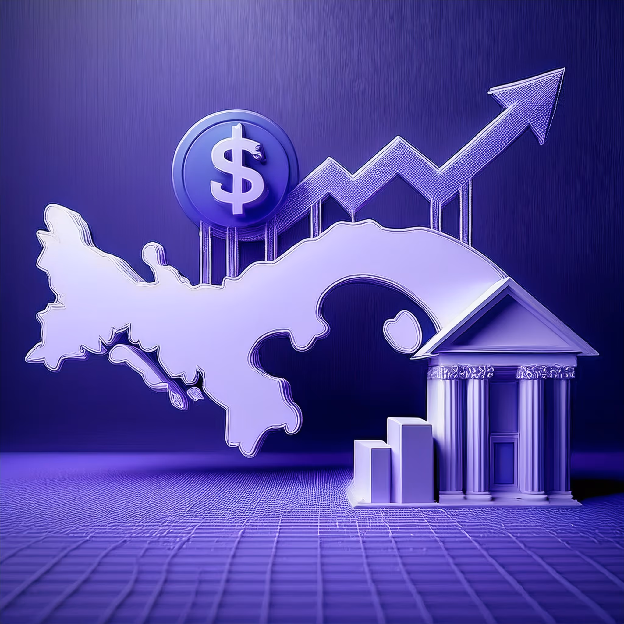 3D rendering of a house, dollar sign, and rising chart over Panama map, symbolizing real estate investment in Panama.