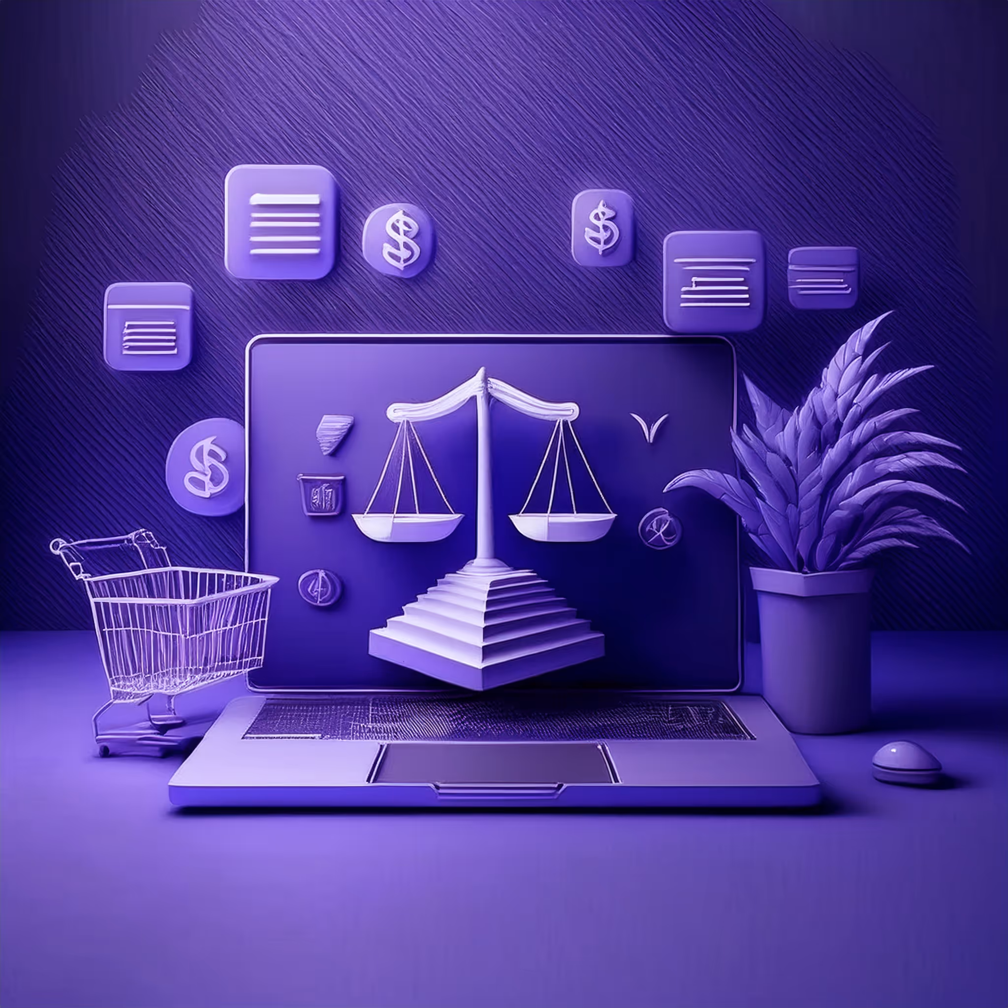 3D render of a laptop with an online store , a shopping cart, and a legal scale icon, representing how to sell online legally in Panama