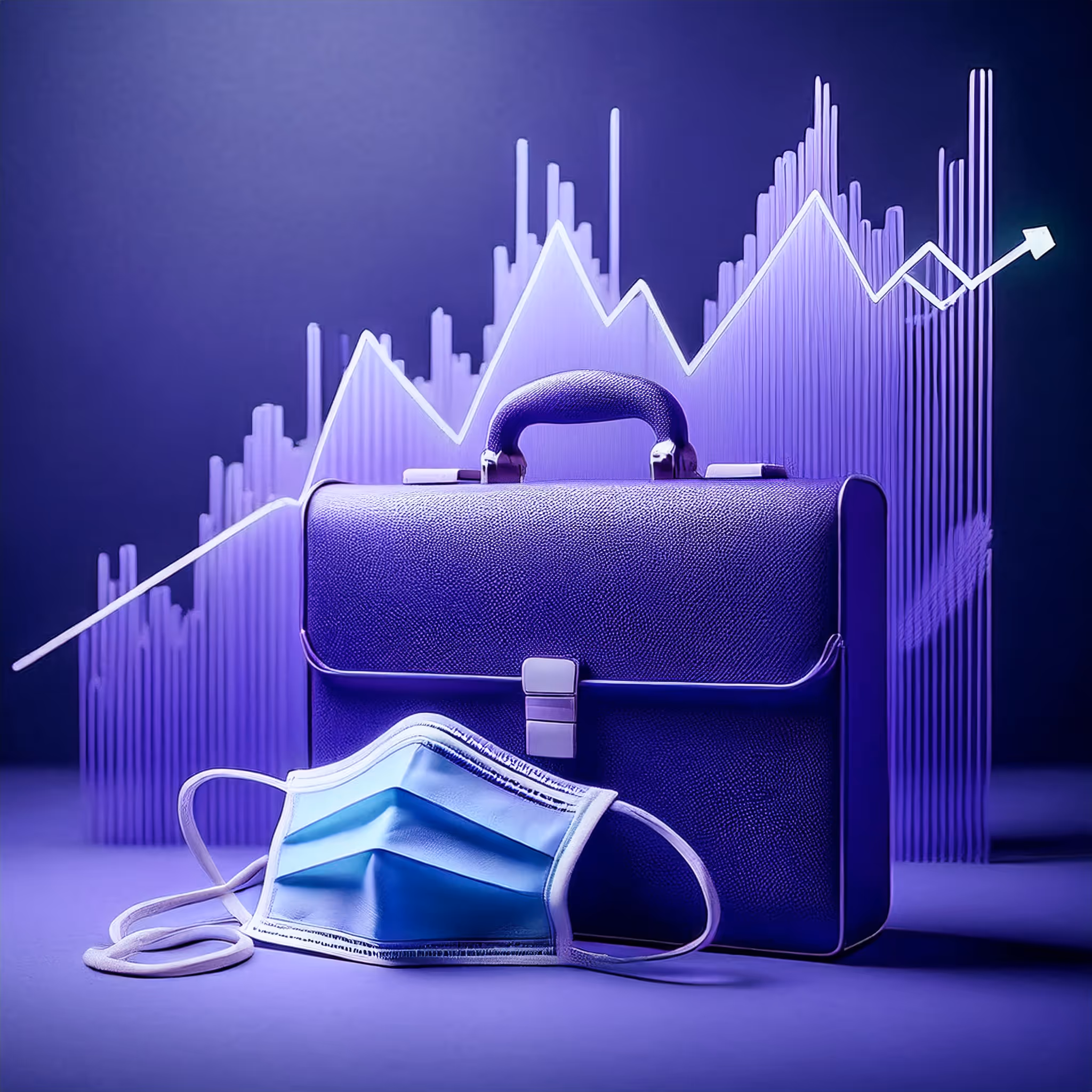 3D render of a briefcase with a mask and economic chart, representing labor impact in Panama during and after COVID-19