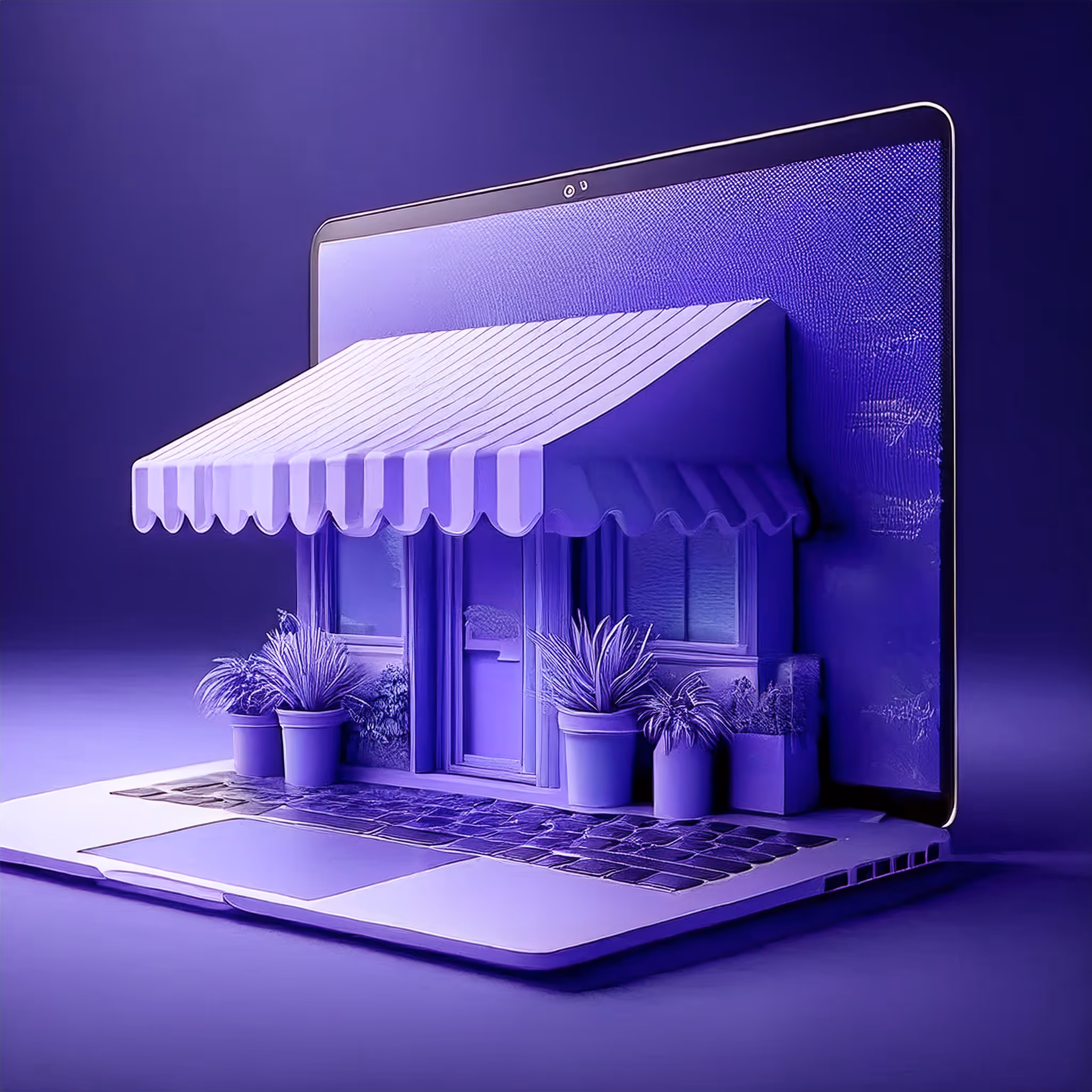 3D render of a storefront merging into a laptop, representing starting an online sales business in Panama