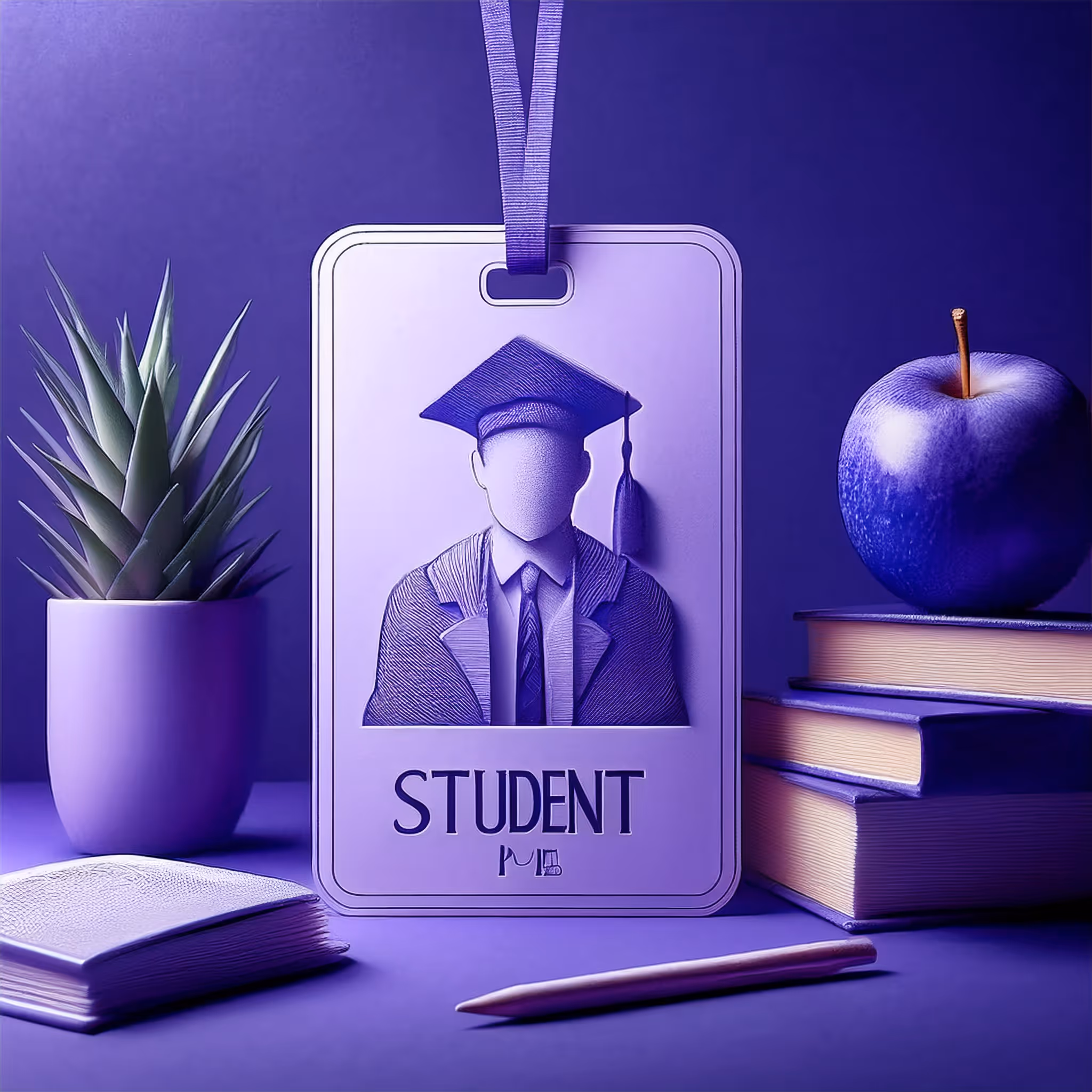 3D render of a student ID card, a stack of books, and an apple, representing how to obtain a student visa in Panama.