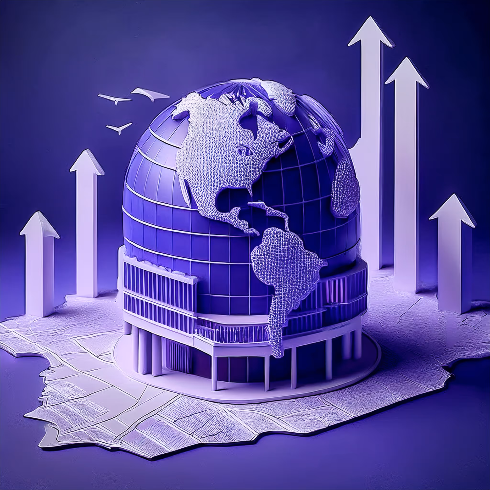 3D render of a modern office building merging into a globe on top, representing the setup of a multinational headquarters