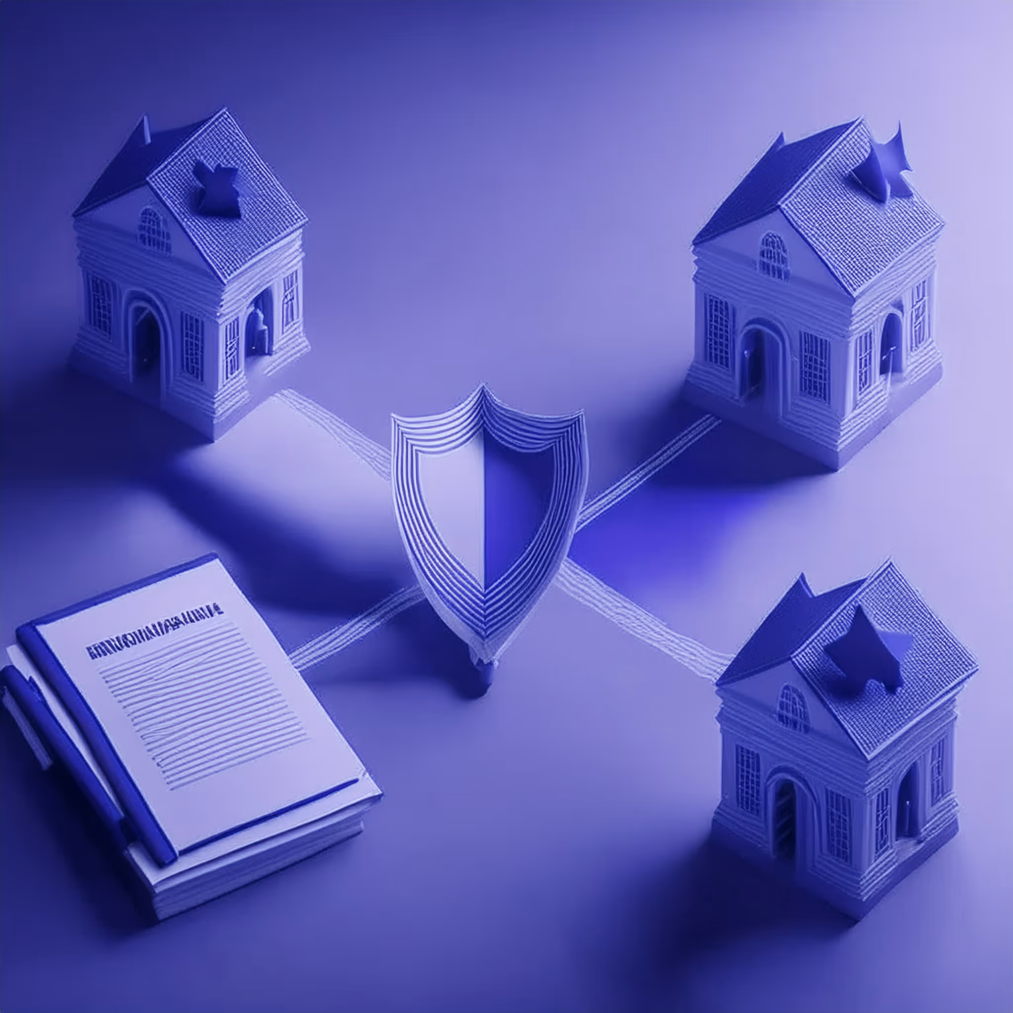 3D rendering of two houses connected by a dotted line with a legal document and shield in the center, symbolizing dual legal residency in Panama and the U.S.