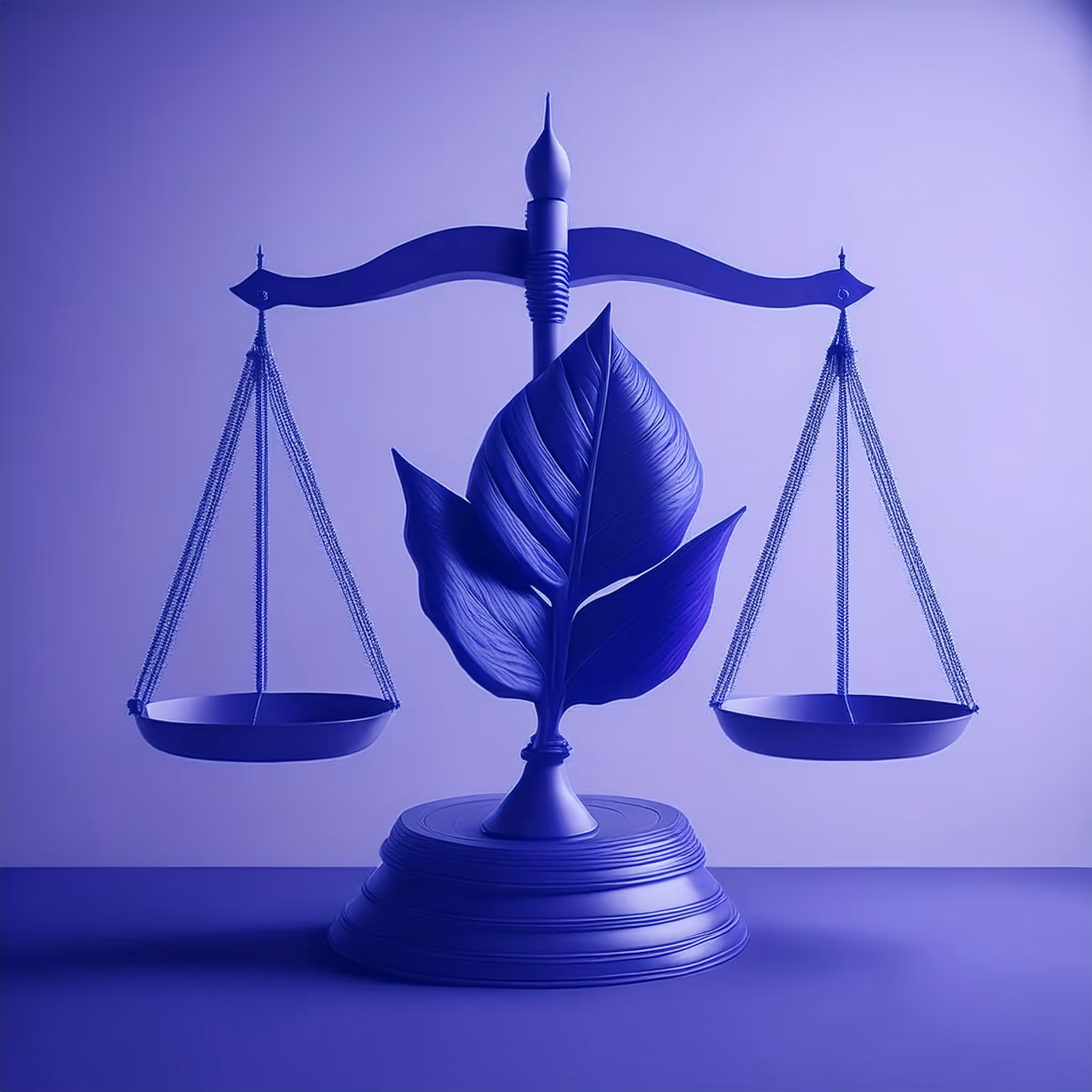 Minimal 3D render of a green leaf growing from a legal scale, representing sustainability and corporate law