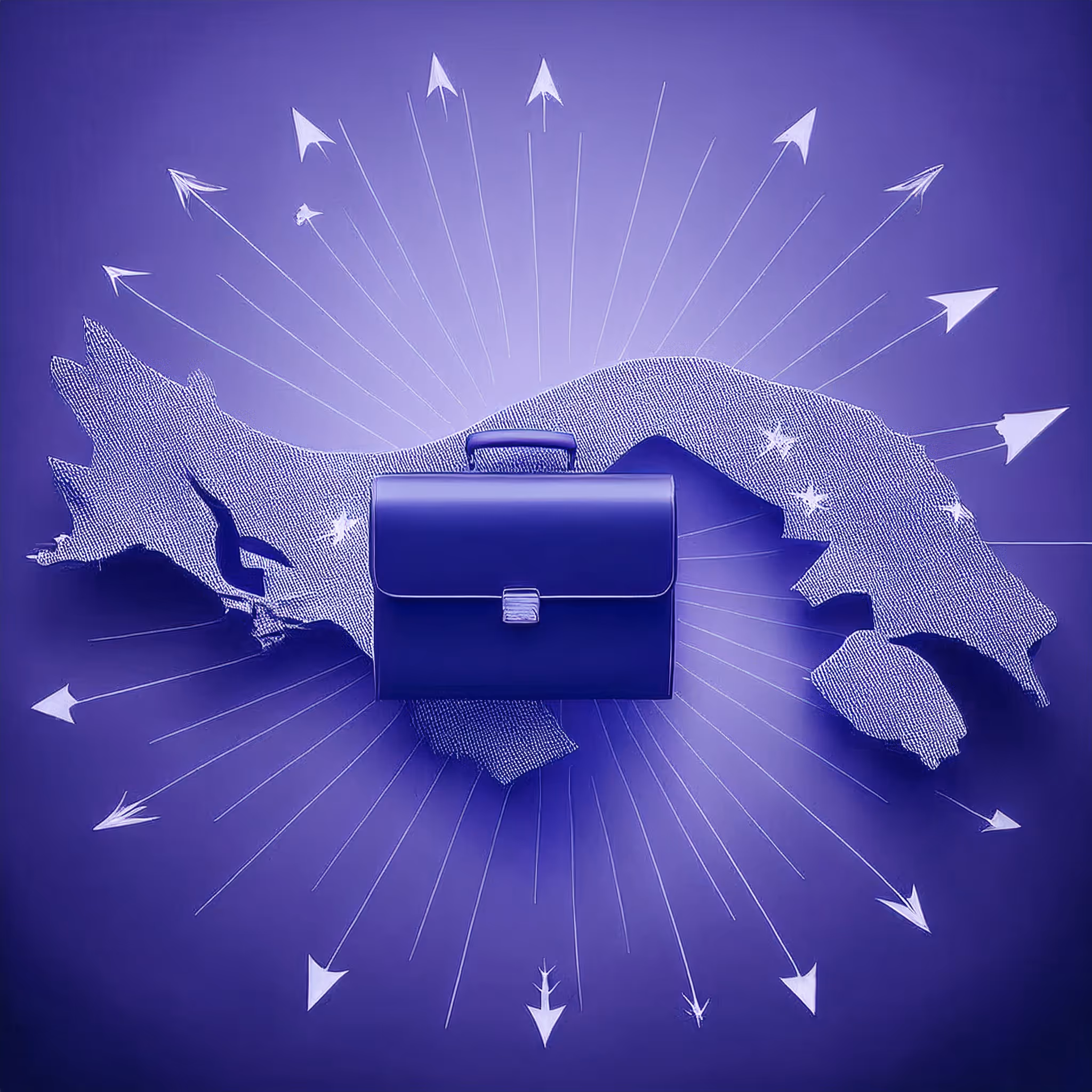 Minimal 3D render of a briefcase with arrows extending outward, representing business expansion from Panama into Latin America