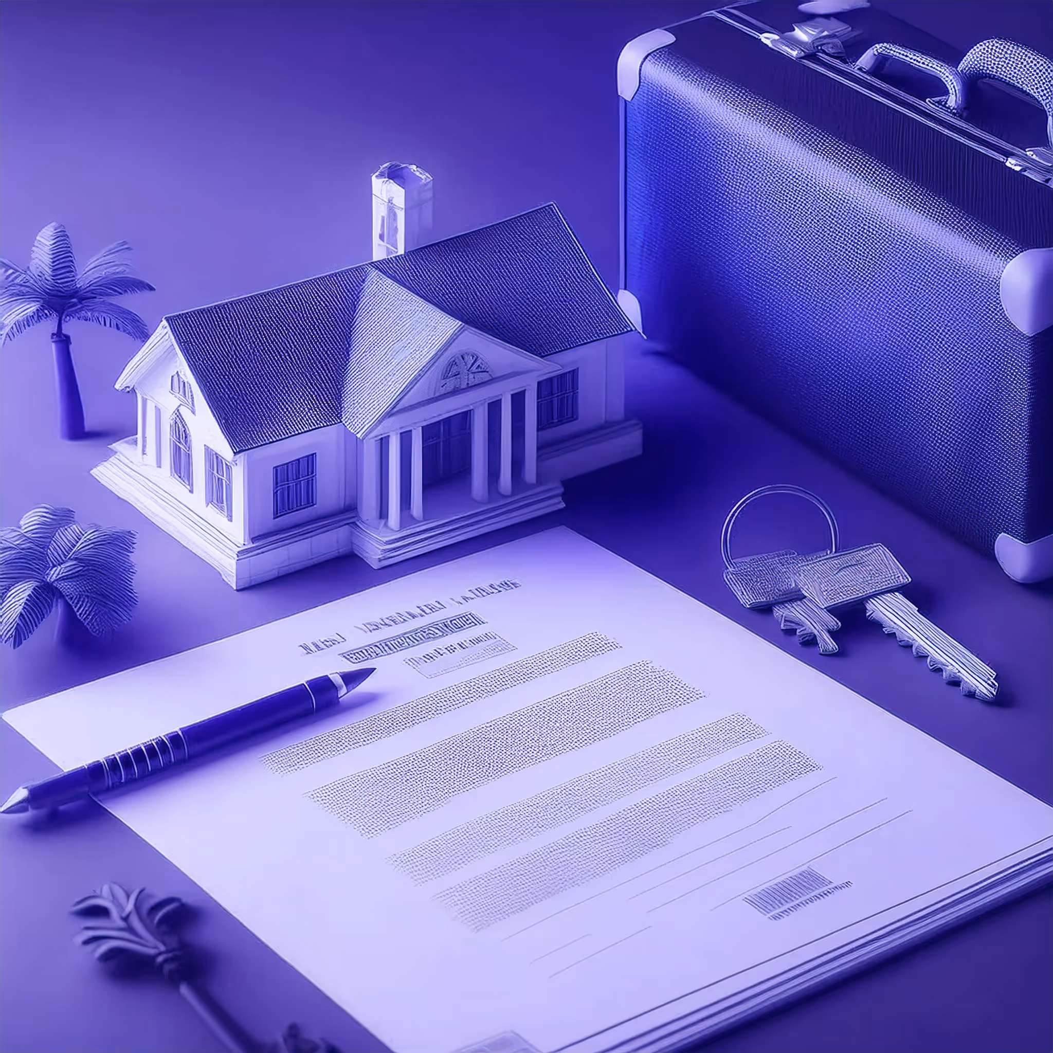 Minimal 3D rendering of a suitcase, house key, and rental contract, representing foreigners renting property in Panama