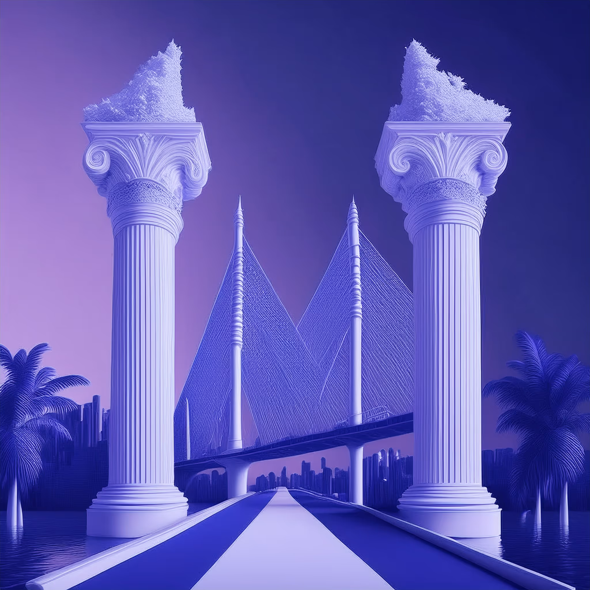 Minimal 3D render of a marble column and a tropical column connected by a bridge, symbolizing the growing connection between Italy and Panama in 2025