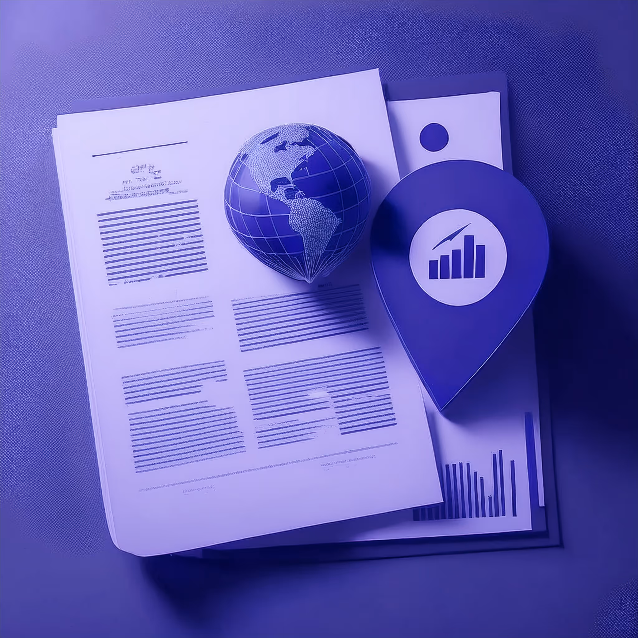 Minimal 3D render of two documents, one with a location pin and one with a globe icon, representing territorial versus global tax systems for Italians in Panama.