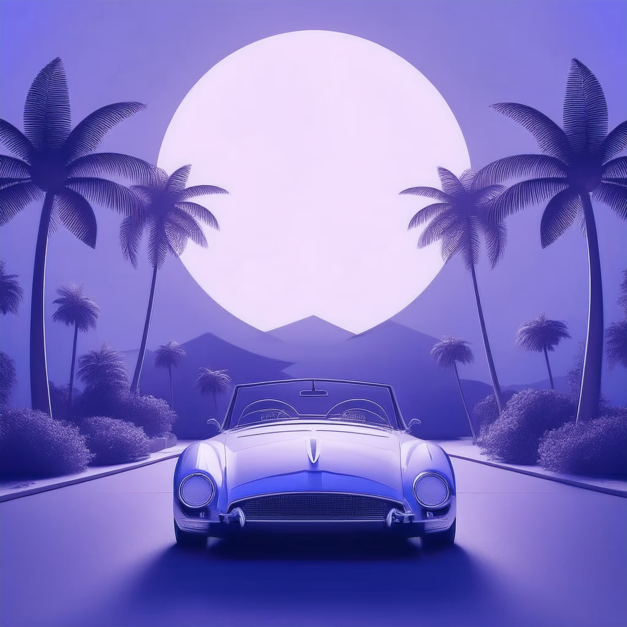 Minimal 3D render of a classic cabriolet car driving toward a tropical sunset with palm trees, representing Italians retiring in Panama through the Pensionado Visa program in 2025