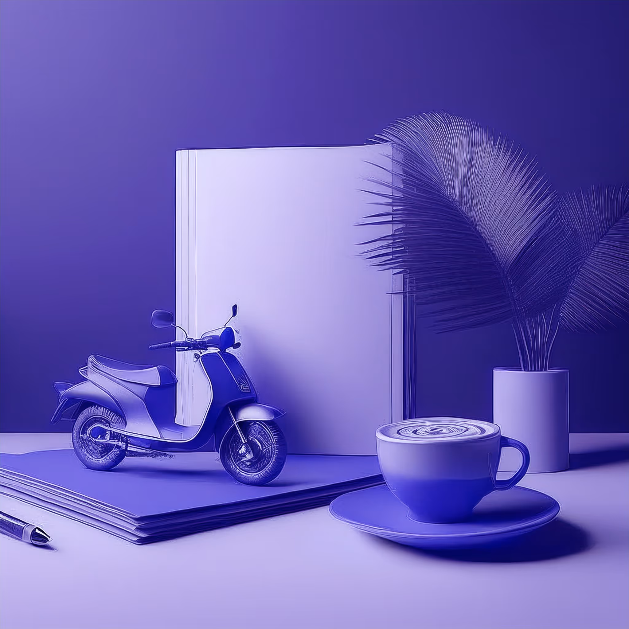 Minimal 3D render of a coffee cup, business document folder, and tropical palm leaf, representing Italians opening businesses in Panama in 2025
