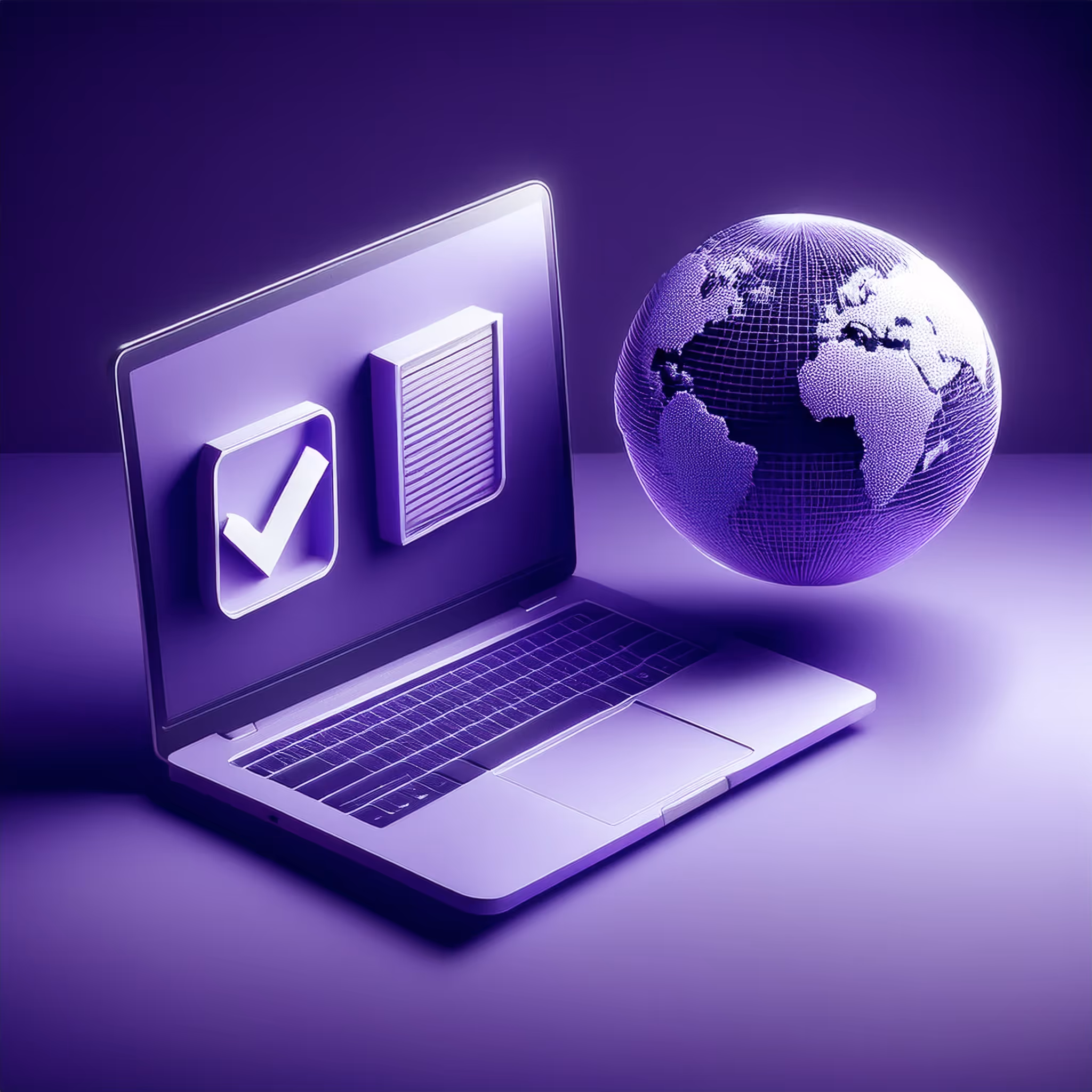 Minimal 3D render of a laptop icon next to a globe with a checkmark, symbolizing the comparison between digital nomad and Friendly Nations visas in Panama