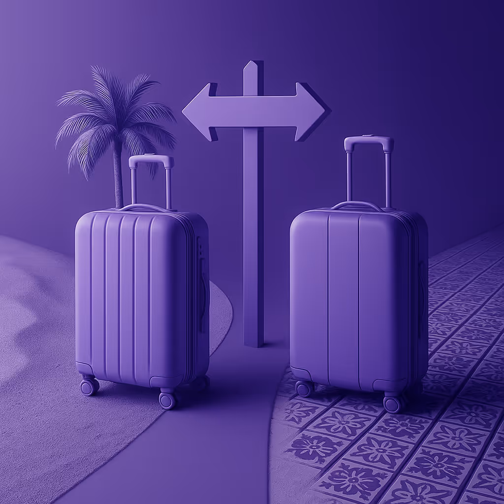 Minimal 3D render of two suitcases on a Y-shaped path — one side with palm trees and sand, the other with tiled flooring — symbolizing the choice between Panama and Portugal for Italians in 2025