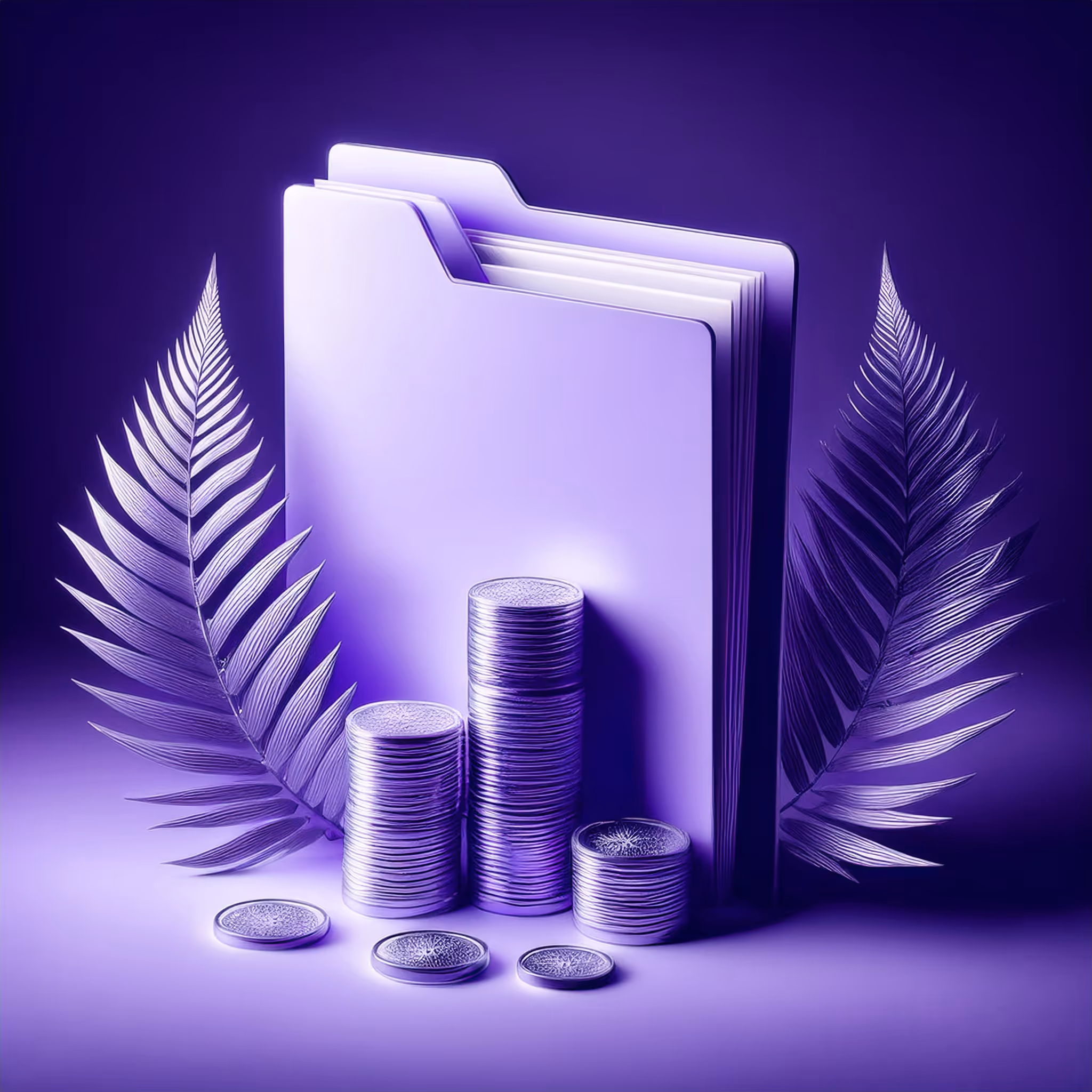 Minimal 3D render of stacked coins, a document folder, laurel wreath, and palm leaves, representing annual costs for Italian residents in Panama