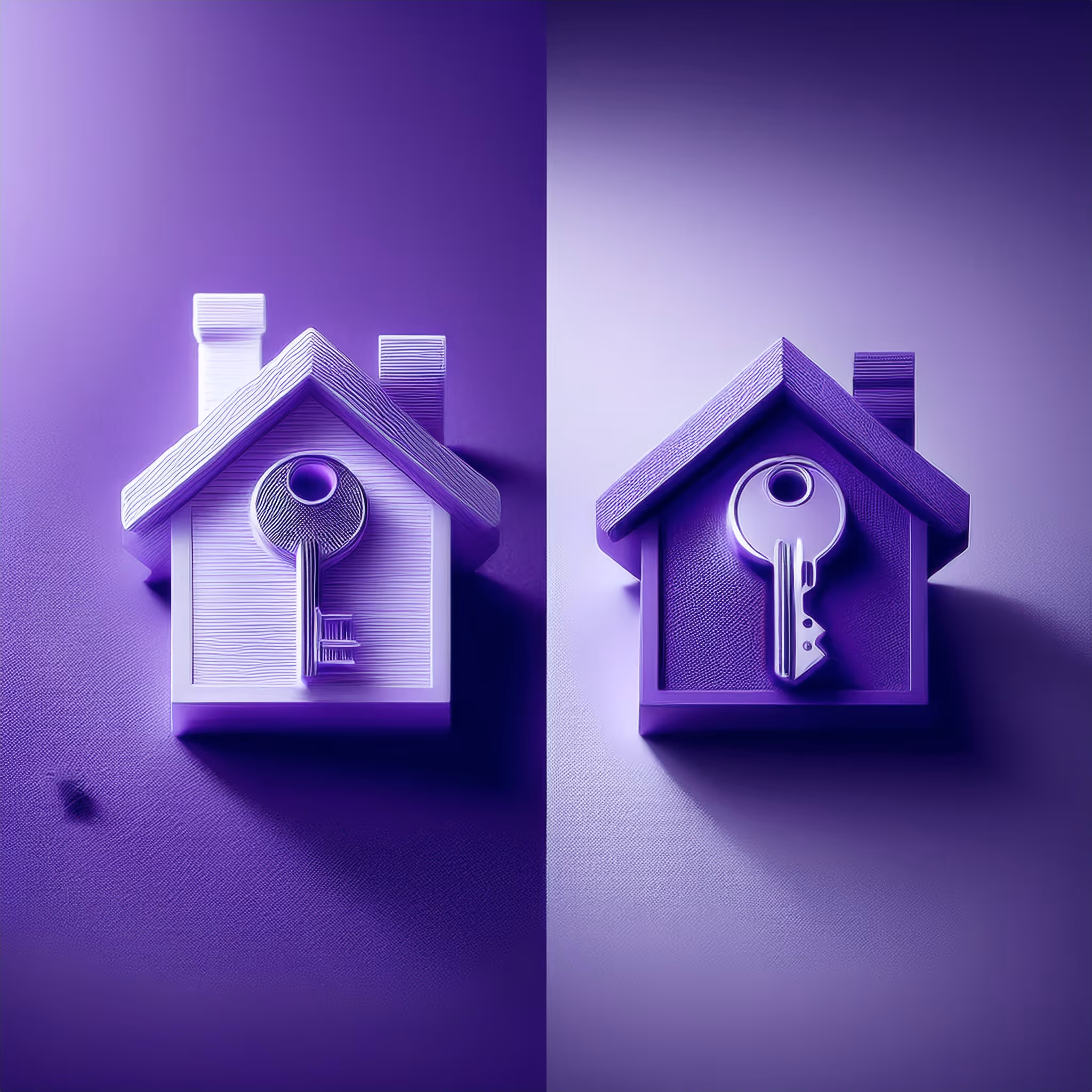Minimal 3D render of two house icons side by side, symbolizing the choice between buying and renting a home in Panama as an Italian.