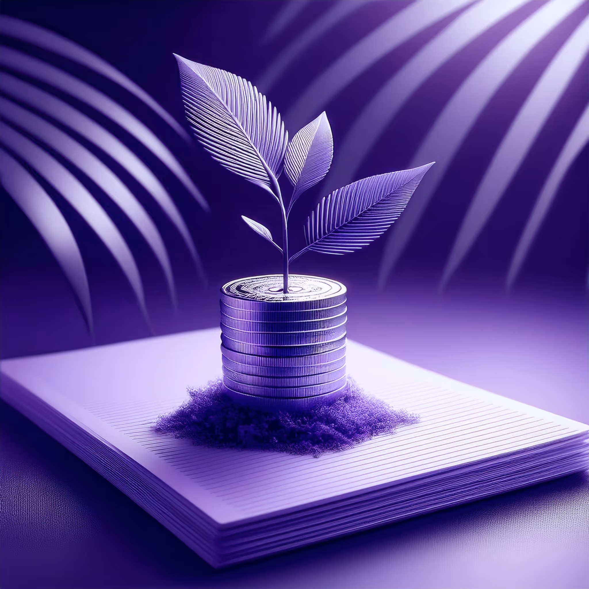 Minimal 3D rendering of a small plant growing from coins next to a document folder and palm leaves, representing Panama's reforestation visa as a path to residency.