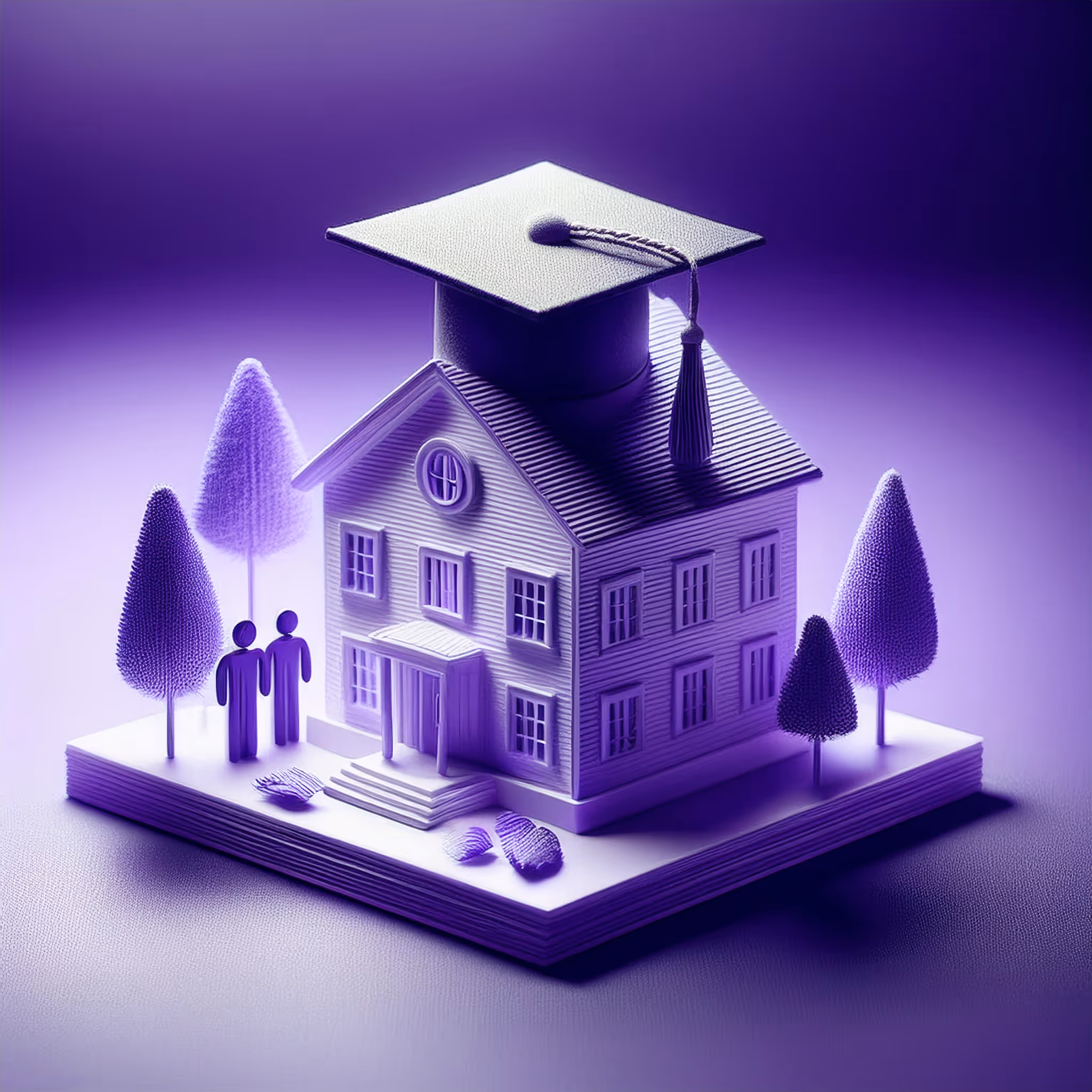 Minimal 3D rendering of a school icon with a graduation cap and family figures, representing school options for Italian families in Panama