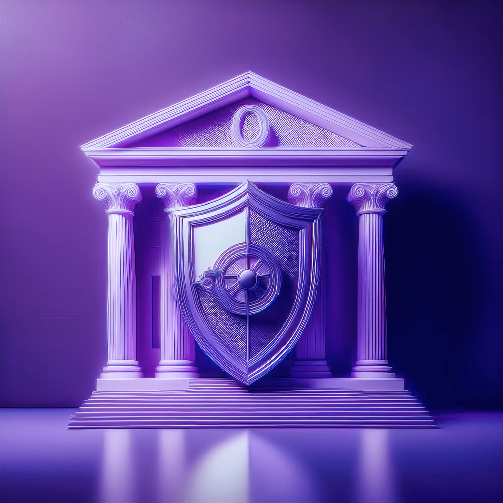 Minimal 3D render of a bank building and security icon in blue-purple tones, symbolizing the evolving future of private banking in Panama