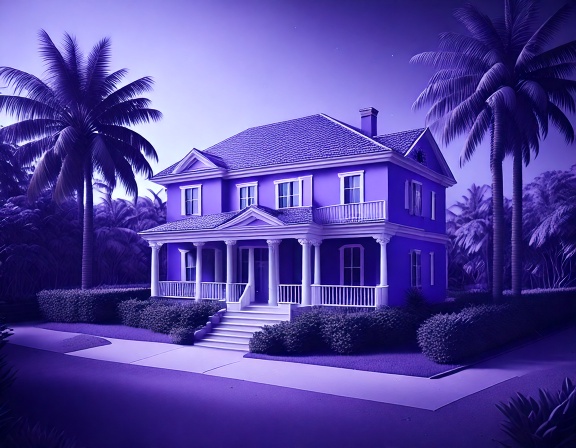 3d graphic of a mansion-style house with palm trees surrounding it, in purple hues, a front porch with a staircase leading to a sand-covered path in fron of the house