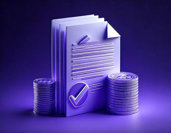 Minimal 3D render of a tax document with a checkmark and a stack of coins, representing tax declaration requirements for Italian residents in Panama in 2025