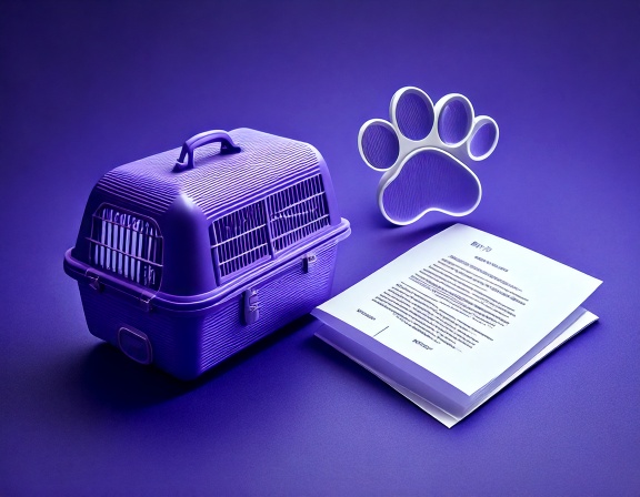 Minimal 3D rendering of a pet carrier, paw print, and travel document icon, representing the process of bringing pets from Italy to Panama