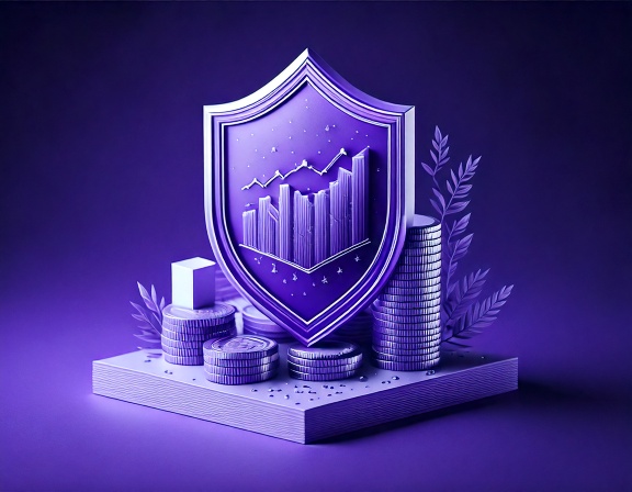 Minimal 3D render of a shield icon over a coin stack or chart, representing the safety and stability of investing in Panama.