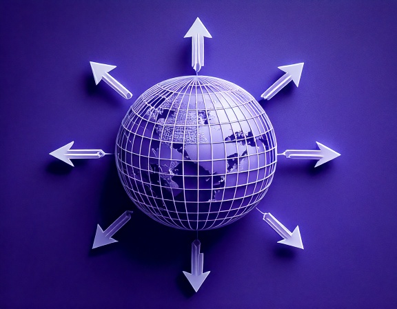 Minimal 3D render of a globe with outward-pointing arrows, symbolizing Panama’s strategic location for global investors