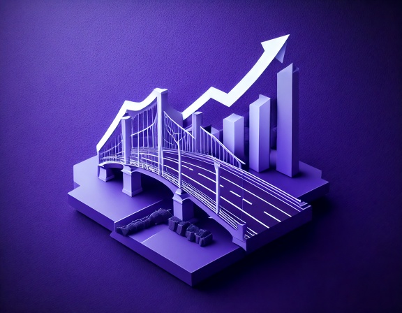 Minimal 3D render of a bridge and road intersecting with a chart line, representing Panama’s infrastructure as a key driver of investment.
