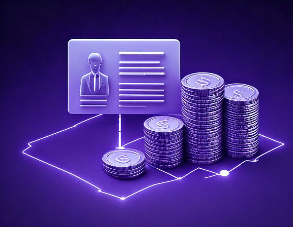 Minimal 3D render of a coin stack linked to an ID card icon, representing the process of investing in Panama to obtain legal residency.