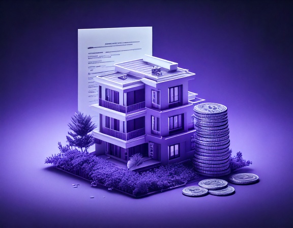 Minimal 3D render of a legal document, coin stack, and modern apartment building, representing the legal framework of investment-based residency in Panama