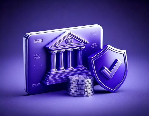 Minimal 3D rendering of a bank card, coin stack, and security icon, symbolizing the benefits of having a bank account in Panama